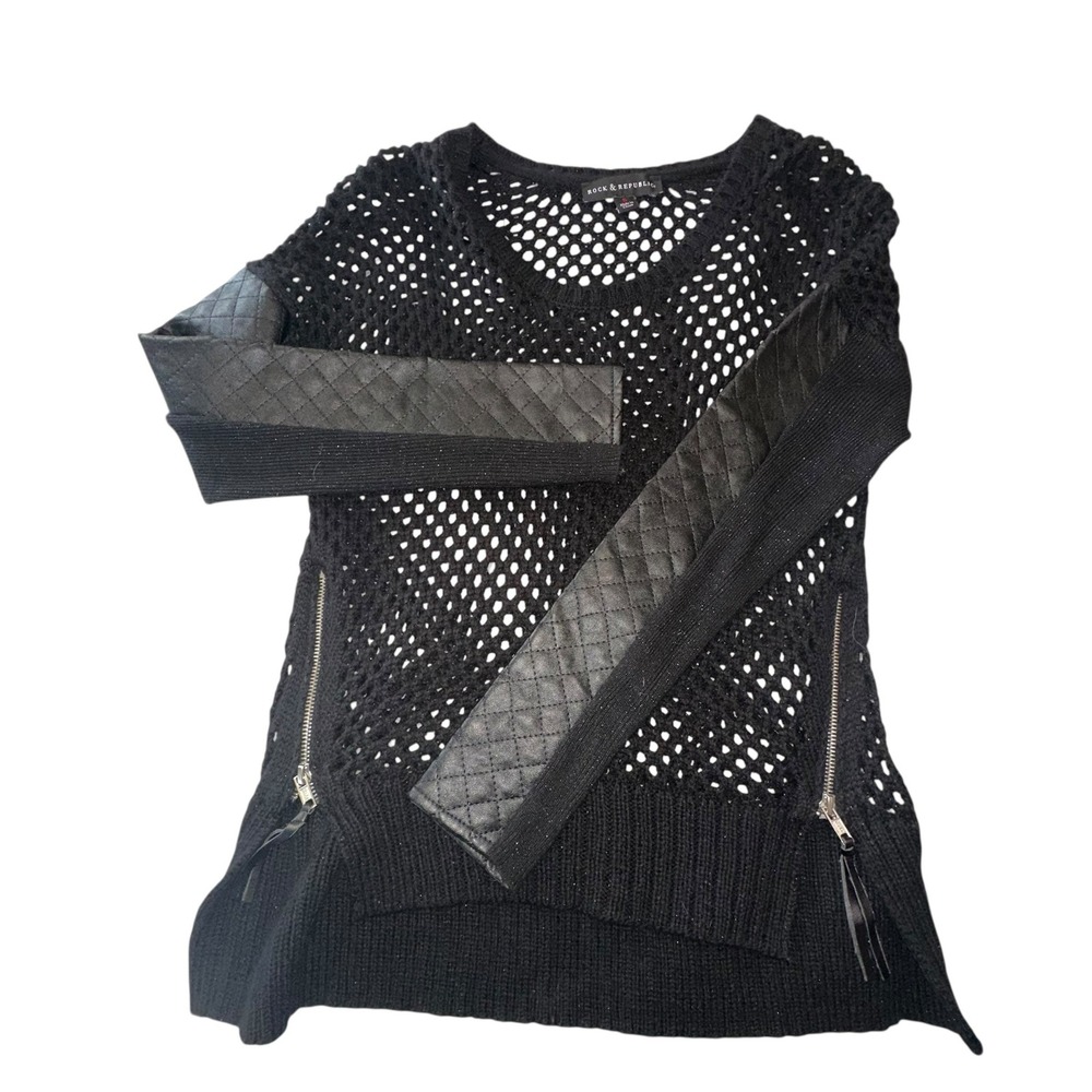 Rock & Republic Womens Black Open Knit‎ Sweater Faux Leather Moto Zipper S - Picture 2 of 6